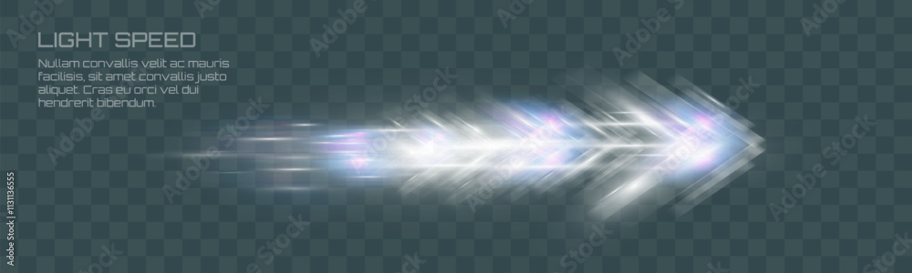 Poster glowing light speed effect with motion blur and futuristic neon tones on transparent dark background
