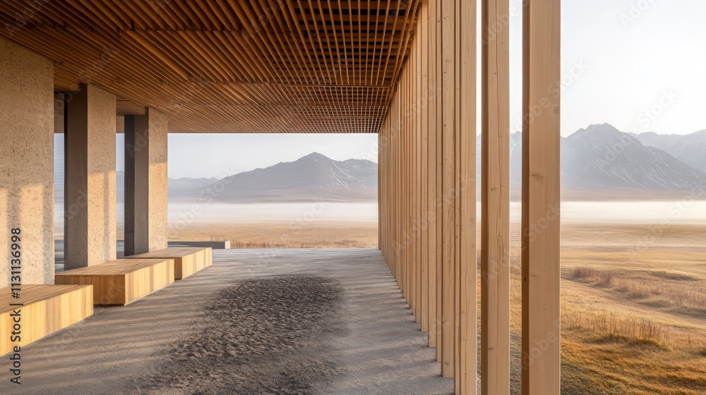 Aufkleber modern architectural design with wooden elements and a scenic mountain view.
