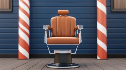 a vintage barber shop scene with antique razors, leather chairs, and a striped barber pole outside