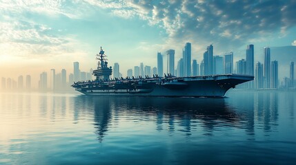 Fototapeta premium Aircraft carrier at sunrise near a city skyline.