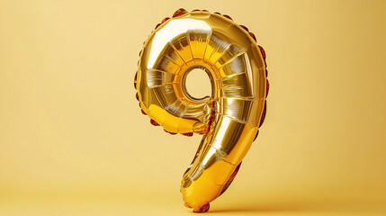Golden number balloon isolated, shiny nine inflatable with helium air, festive birthday party symbol, anniversary greeting decoration, holiday foil background sign.