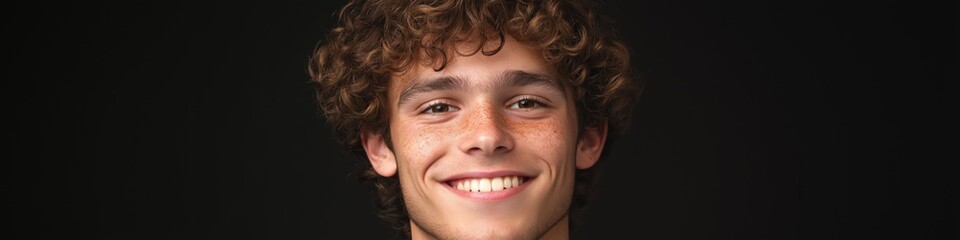 A young man with brown hair and a smile on his face. He is wearing a black shirt