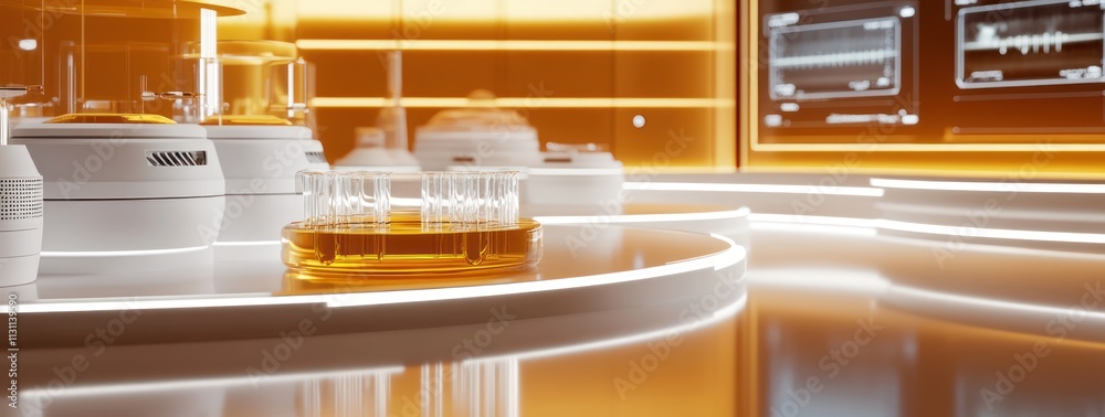 Poster a futuristic laboratory setting with glassware and glowing surfaces.