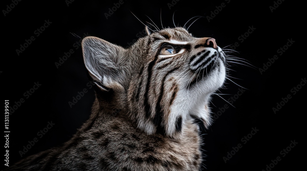 Poster a close-up of a bobcat gazing upwards against a dark background.