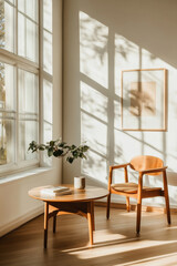 A cozy interior featuring wooden chair and table, illuminated by soft sunlight casting beautiful shadows. serene atmosphere is enhanced by plant and artwork on wall