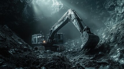 Excavator in Dark Mine Shaft: Industrial Power and Raw Materials Extraction