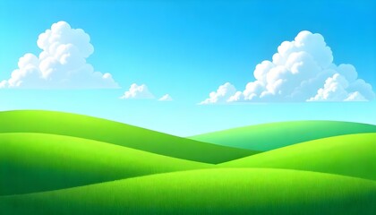 Obraz premium The image showcases a vast expanse of rolling green hills under a bright blue sky. The grass is lush and vibrant, creating a fresh, inviting landscape. The gentle curves of the hills add a sense of de