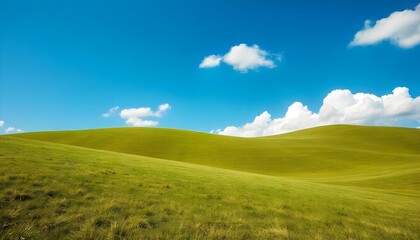 Obraz premium The image showcases a vast expanse of rolling green hills under a bright blue sky. The grass is lush and vibrant, creating a fresh, inviting landscape. The gentle curves of the hills add a sense of de