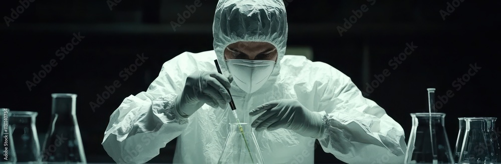 Poster a scientist in protective gear conducts experiments in a lab setting.