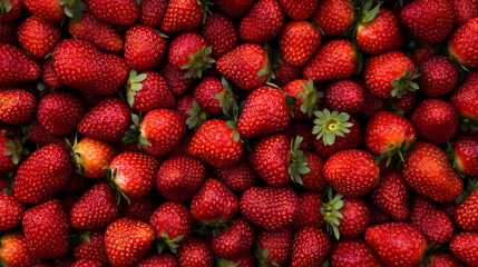 Fresh strawberries are vibrant and juicy, creating delightful and appetizing scene. Their rich red color and green leaves enhance overall appeal, making them perfect for various culinary uses