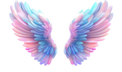 Obraz premium Vibrant 3D pastel angel wings artwork featuring a beautiful blend of pink, blue, and purple hues. The wings are gracefully spread. Isolated on transparent background, png.