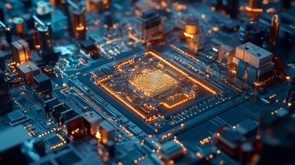 Obraz premium A close up view of futuristic microchip with glowing circuits and intricate details, showcasing advanced technology and innovation in electronics. vibrant lights create captivating atmosphere