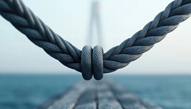 Material science metals strength. Rope knot in focus with a blurred bridge and water background, symbolizing strength and connection.