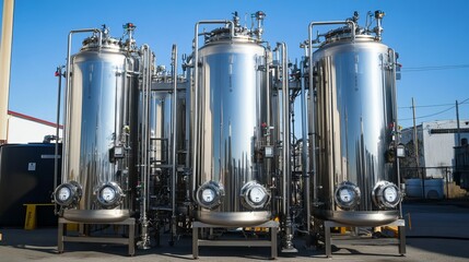 stainless steel bioreactors in an industrial setting, representing advanced biotechnology and industrial fermentation processes