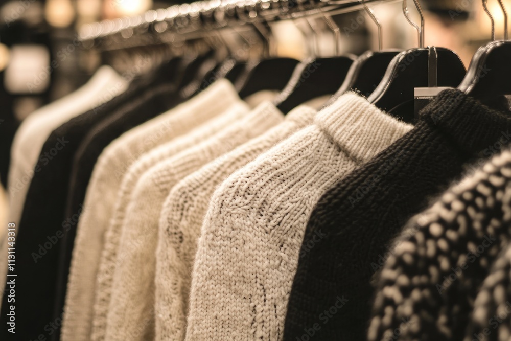 Poster a display of knitted sweaters in neutral colors hanging on a rack.