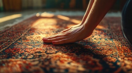 Woman's hands gently touch a richly colored rug in sunlit room.