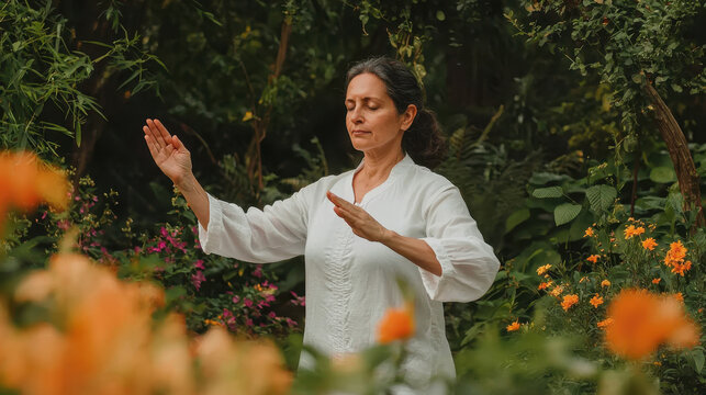 Indian woman practicing yoga in lush garden - Powered by Adobe