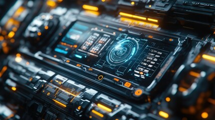 Fototapeta premium Futuristic tech interface with glowing orange and blue HUD.