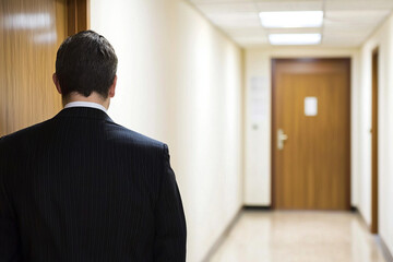 Fototapeta premium Man in suit stands near closed office door