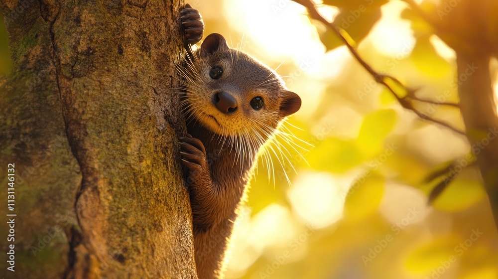 Aufkleber a curious otter peeks from behind a tree, illuminated by warm sunlight.