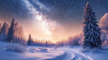 Fototapeta premium Winding through a frosty forest, a snowy road meanders beneath a breathtaking starry night sky, showcasing a magical winter wonderland filled with tranquility and beauty
