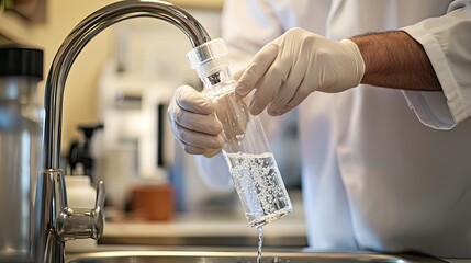 A man takes a water sample in the kitchen. Selective focus.