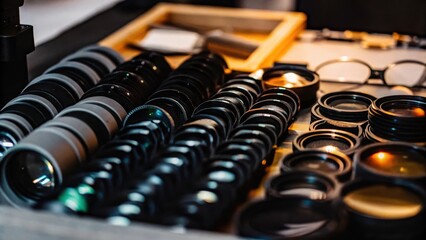 A collection of projection optics assembled on a table showcasing the various components that enable precise image reproduction.