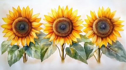 Obraz premium A vibrant watercolor illustration of sunflowers swaying in a summer breeze featuring golden yellow petals and lush green leaves bathed in soft sunlight