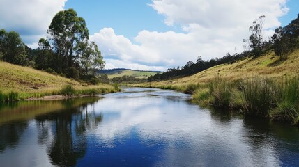 Obraz premium Serene river reflects sky, hills, and trees.