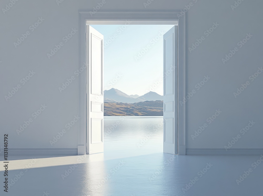 Poster a serene view through an open door revealing mountains and water.