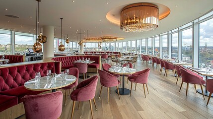 Luxurious rooftop restaurant with panoramic city views, featuring plush velvet seating and modern decor.