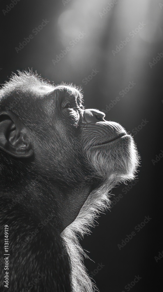 Poster a side profile of a chimpanzee in black and white, illuminated by soft light.