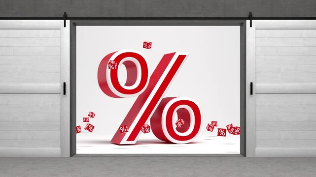 sale symbol in front of background  with open door - 3D rendering 4k