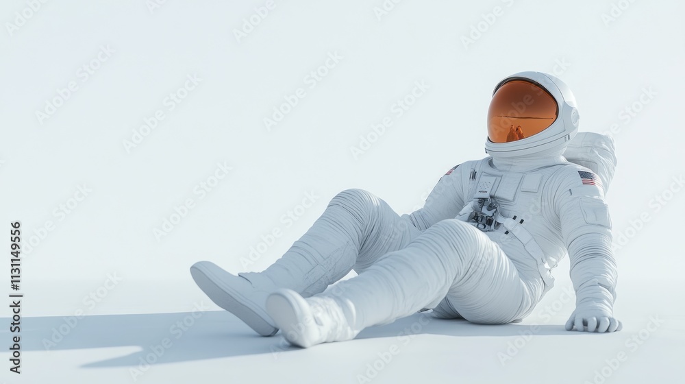 Poster a lone astronaut in a white suit rests on a minimalist surface, evoking exploration and solitude.