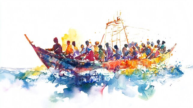 A Crowded Boat Journey: Watercolor Painting of Refugees Seeking Hope and Freedom
