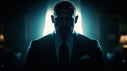 Mysterious figure in dark suit elegant setting cinematic portrait dramatic lighting suspenseful mood visual storytelling