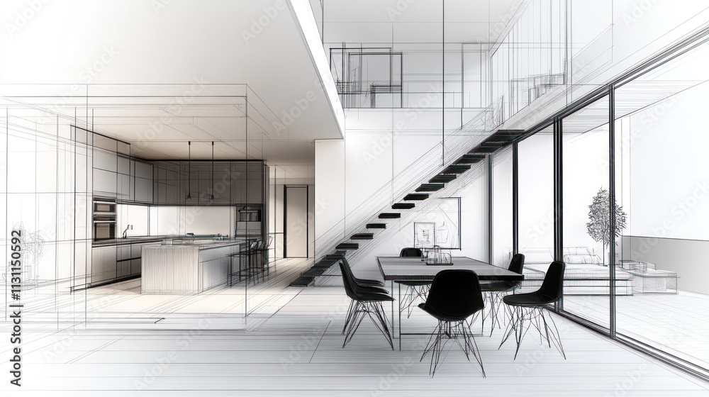Poster a minimalist architectural design of a modern kitchen and dining area with a staircase.