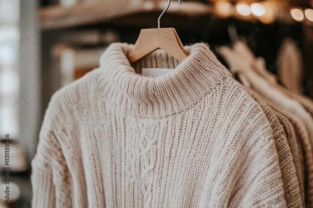 Poster cozy cream-colored turtleneck sweater displayed on a hanger in a stylish setting.