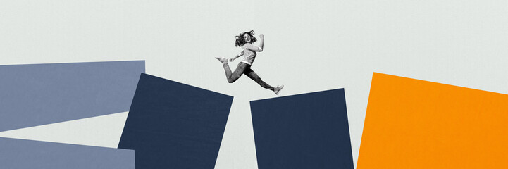 Composite panoramic art 3d creative image collage of happy excited girl run hurry path development success chance achievement goal