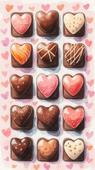 Valentine Love Watercolor. A colorful assortment of heart-shaped chocolates arranged neatly on a pink background adorned with hearts, perfect for gifting on Valentine's Day.