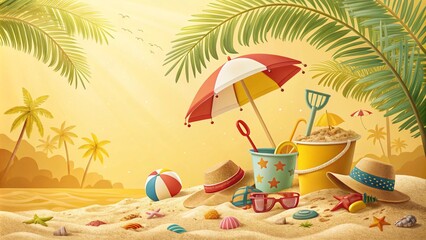 Fototapeta premium Yellow Summer Background With Beach Accessories And Palm Leaves 