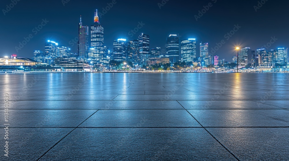 Poster Night view of a city skyline reflecting on a smooth surface.