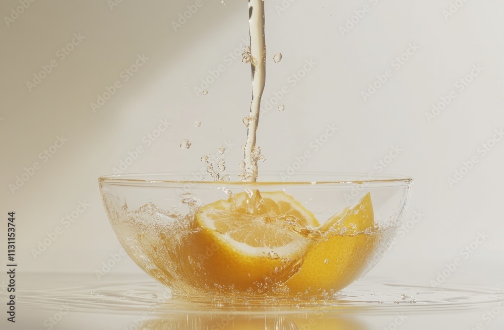 Poster Fresh lemon slices splashing in water, creating a refreshing and vibrant scene.