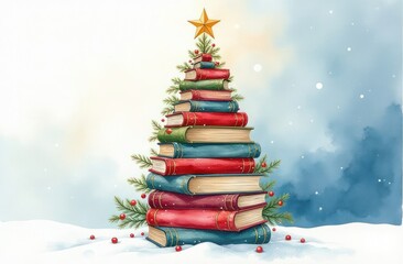 A Christmas tree made up of large books, decorated with fir branches and red balls stands on white snow. Drawing with paints, watercolors, pastel colors