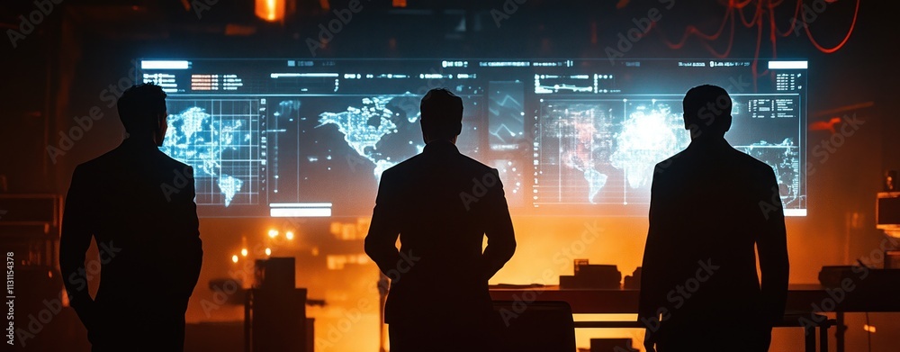 Aufkleber Three silhouetted figures observing a high-tech control room with global data displays.