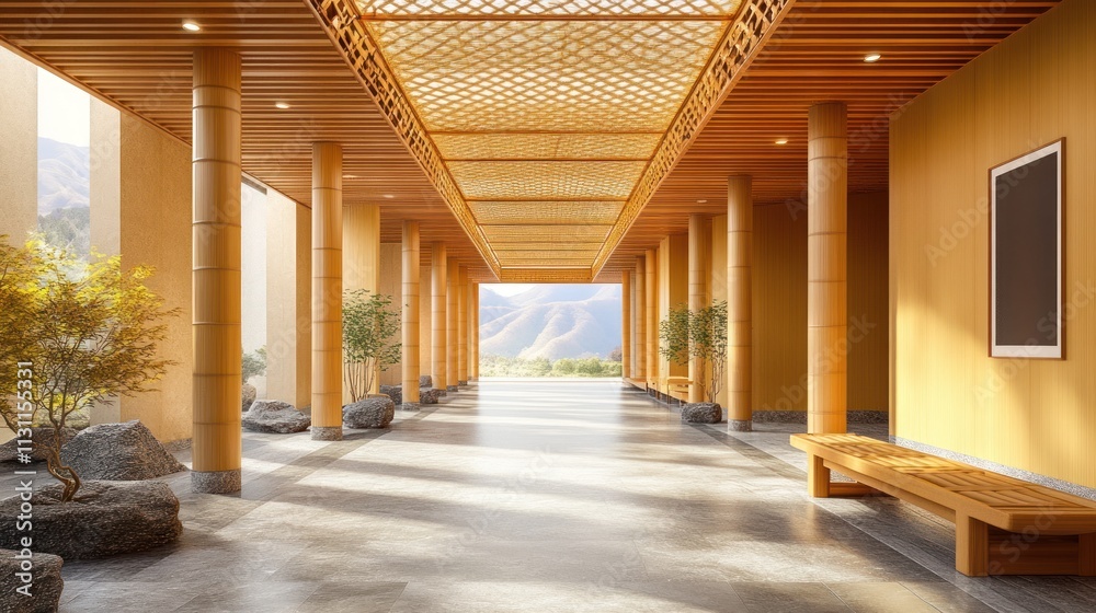 Poster a serene hallway with wooden architecture and natural light, inviting tranquility and reflection.