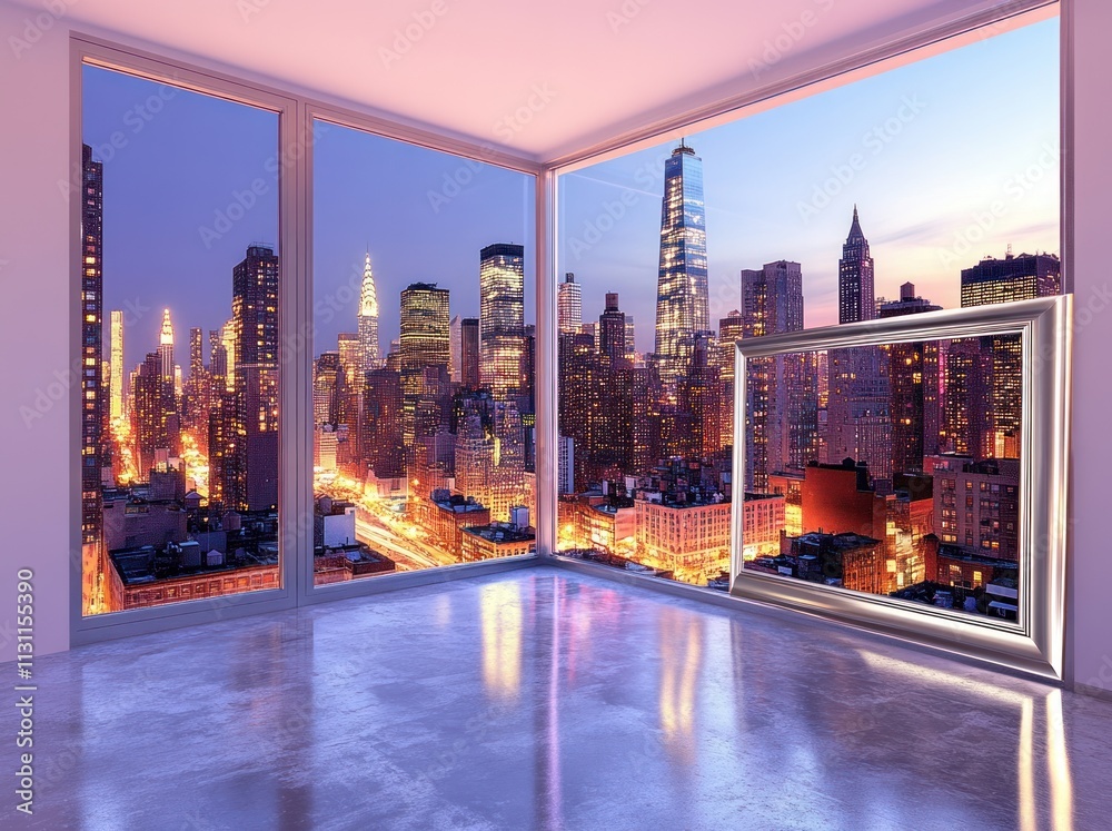 Poster a modern room with a stunning city skyline view through large windows.