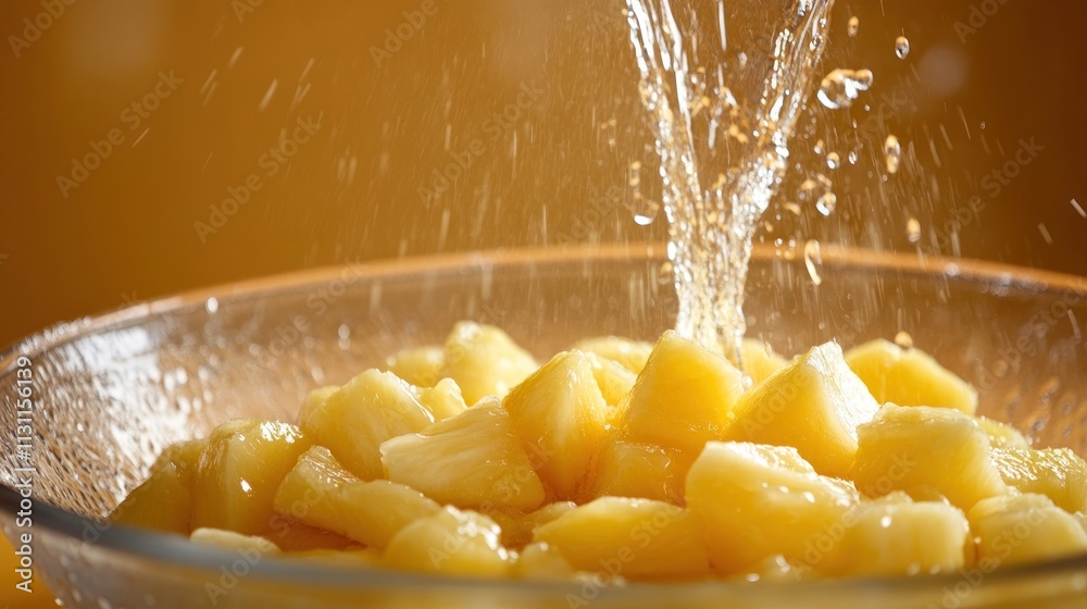 Poster chunks of pineapple in a bowl with water splashing over them.