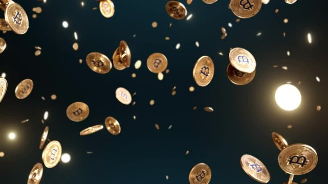 Golden Bitcoin coins cascading in mid-air, set against a sleek dark background. Perfect for cryptocurrency, blockchain, and financial technology themes. 3D animation render 4K