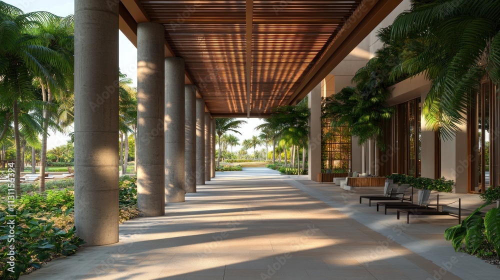 Poster a modern architectural corridor lined with columns and greenery, leading to an outdoor space.